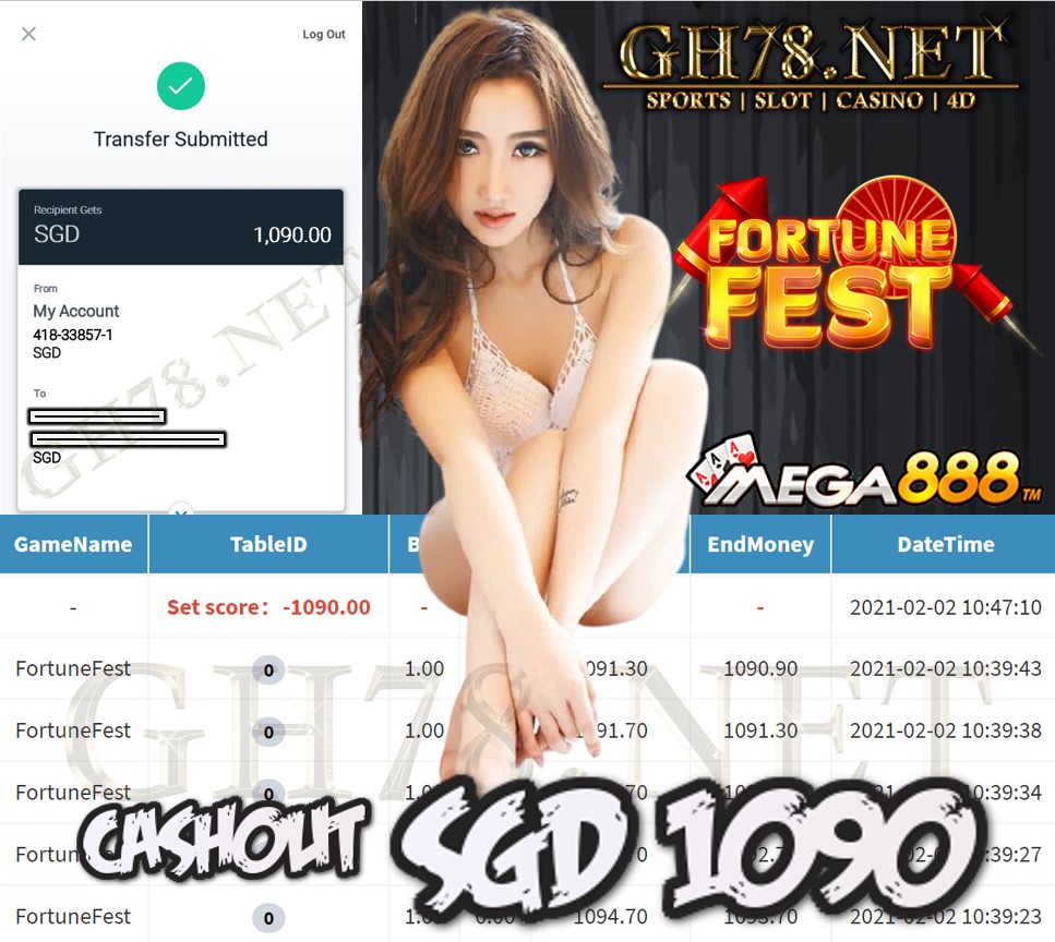 MEGA888 FORTUNE FEST GAME CASHOUT $S1090