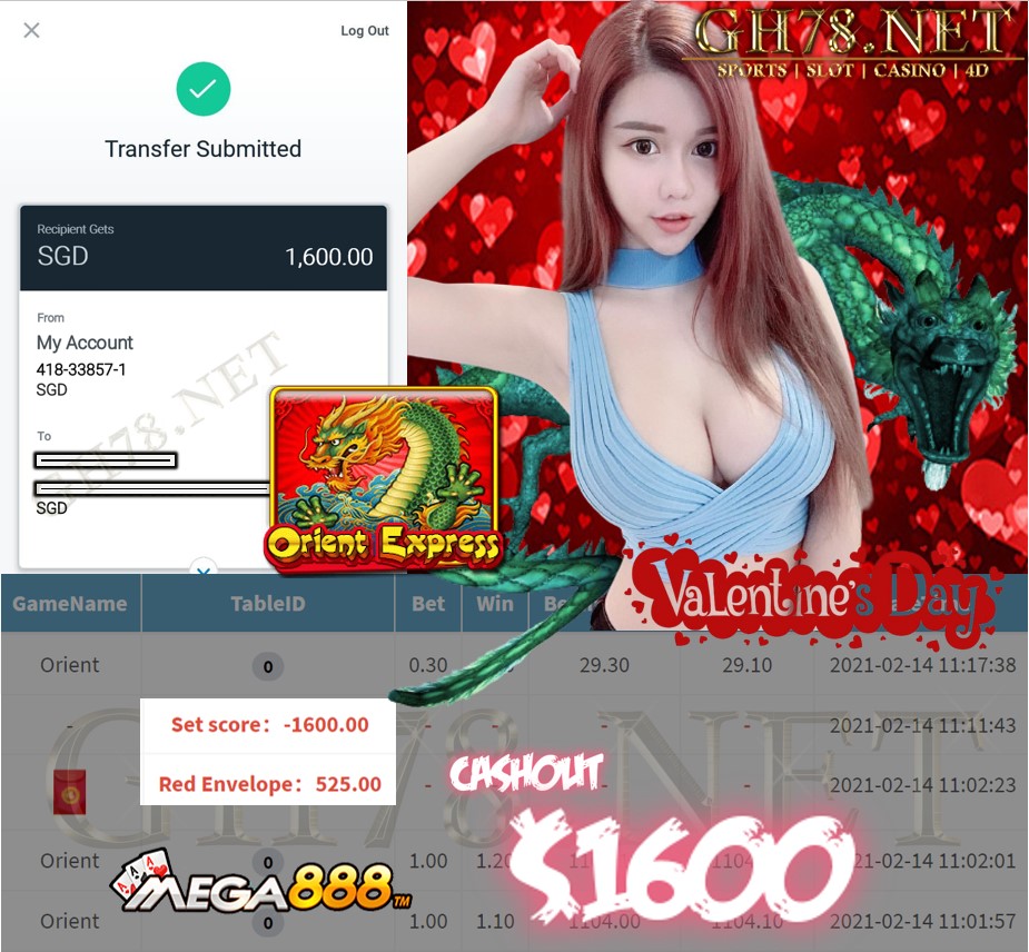 MEGA888 ORIENT EXPRESS GAME CASHOUT $S1600