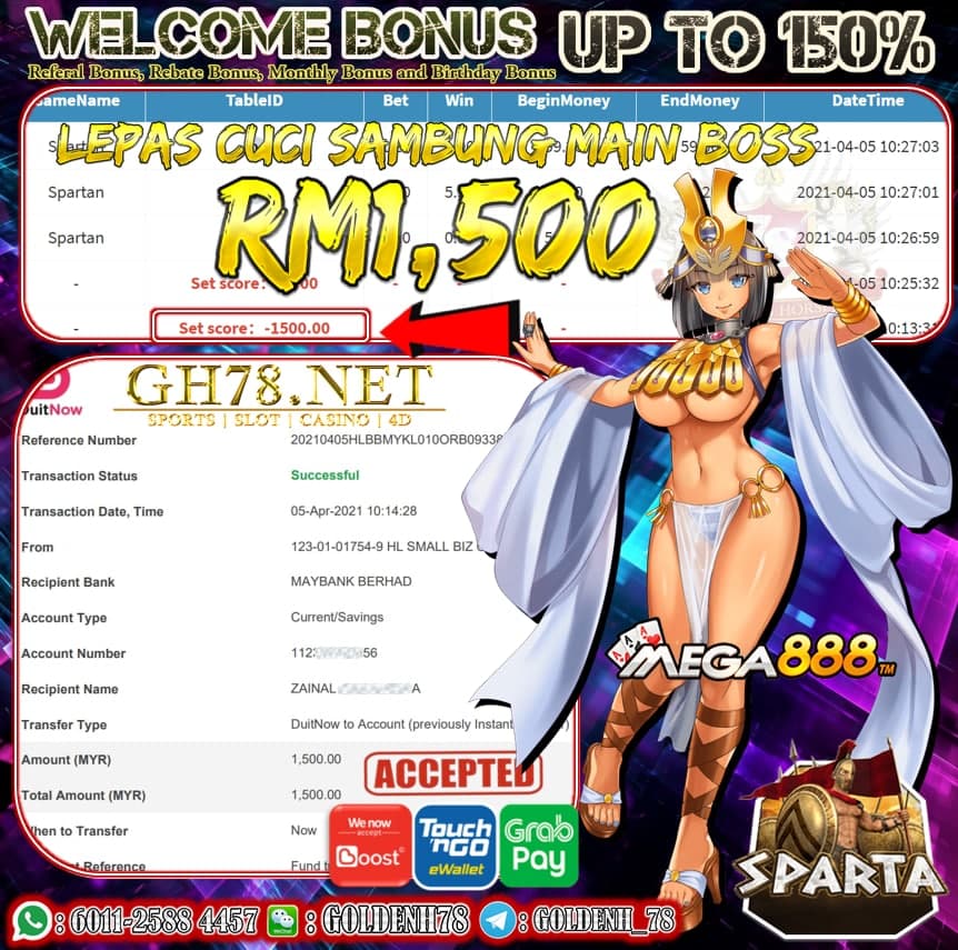 MEGA888 SPARTAN GAME CUCI RM1,500