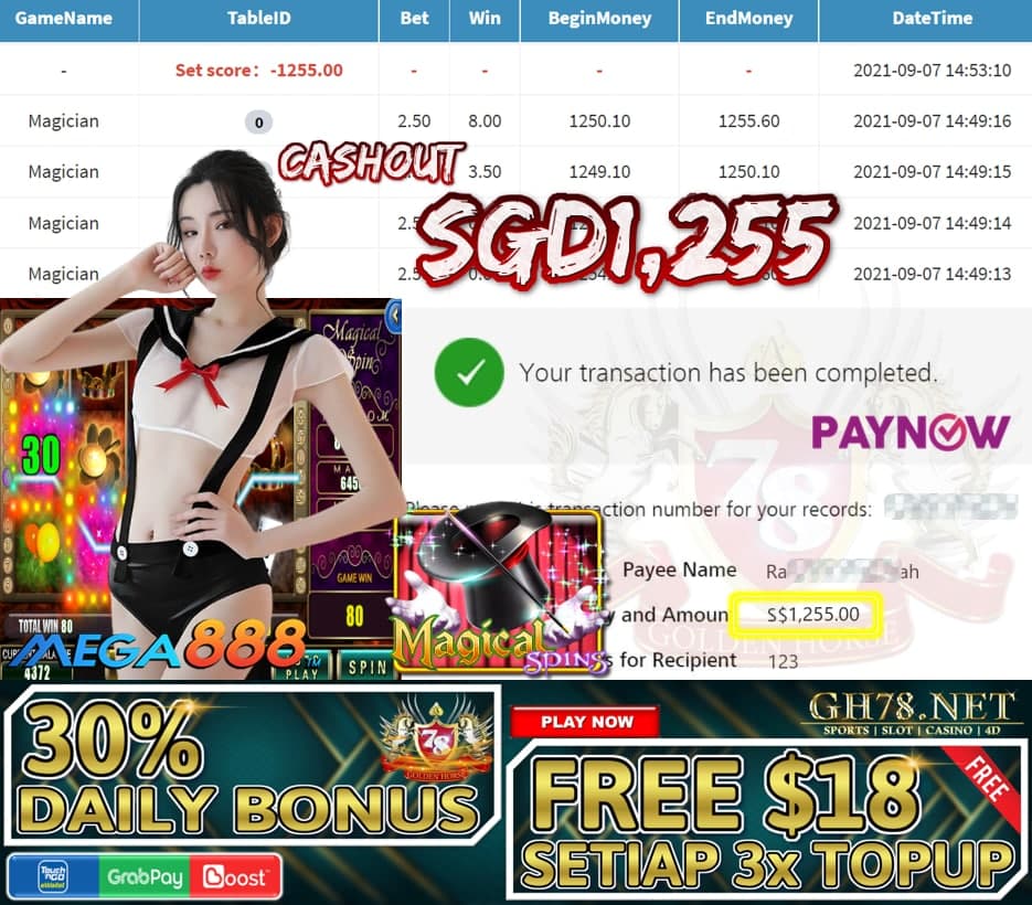 MEGA888 MAGICIAN SPIN GAME CASHOUT SGD1255