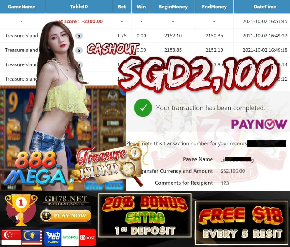 MEGA888 TREASURE ISLAND GAME CASHOUT SGD2100